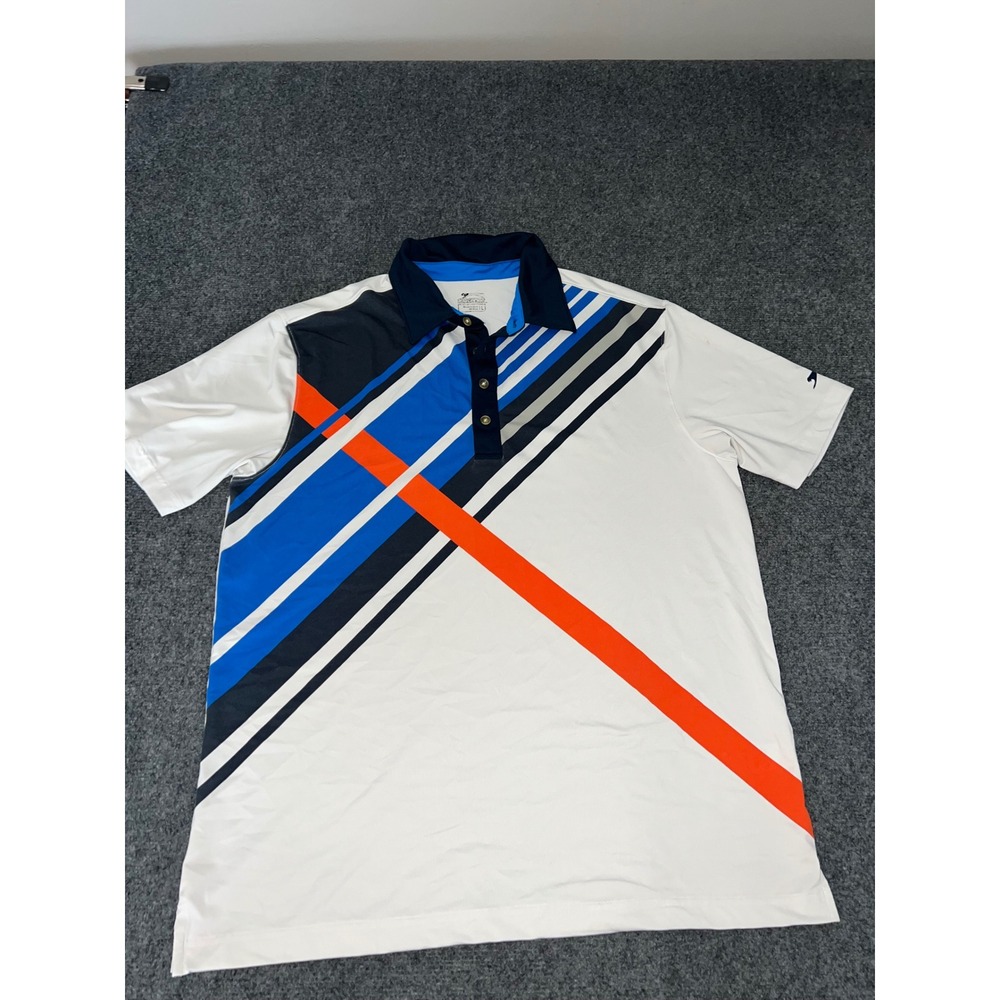Slazenger Mens Large Golf Polo Shirt White Blue Orange Striped Short Sleeve L